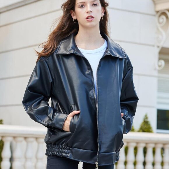 Womens Oversized Faux Leather Motocycle Jacket Zip Up Outwear Coat with Pockets - Picture 3 of 4